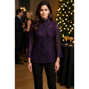 Joseph Ribkoff Womens Black Striped 3/4 Sleeve Sheer Blouse Size M Cocktail Art